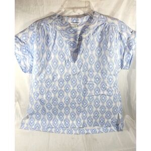 Splendid Women's 100% Linen Short Sleeve Ikat Print Top - Blue/White - Small